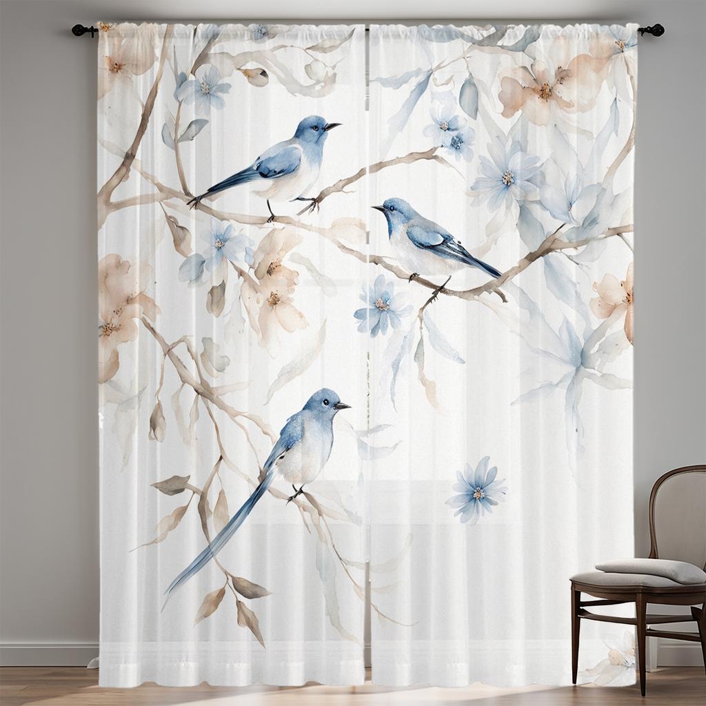 2 Stück Wunderschöne blaue Vorhänge mit Blumenmuster   Polyesterstoff   Maschinenwaschbar   Geeignet für Wohn- und Schlafzimmer