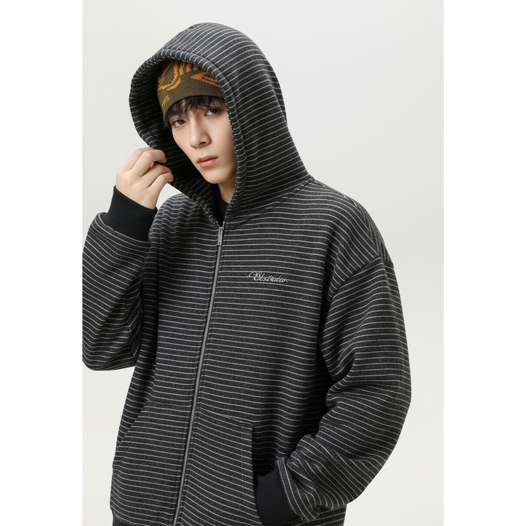 Vintage Color Block Striped Zip Up Hooded Cardigan Sweatshirt Loose Casual Men Warm Outerwear