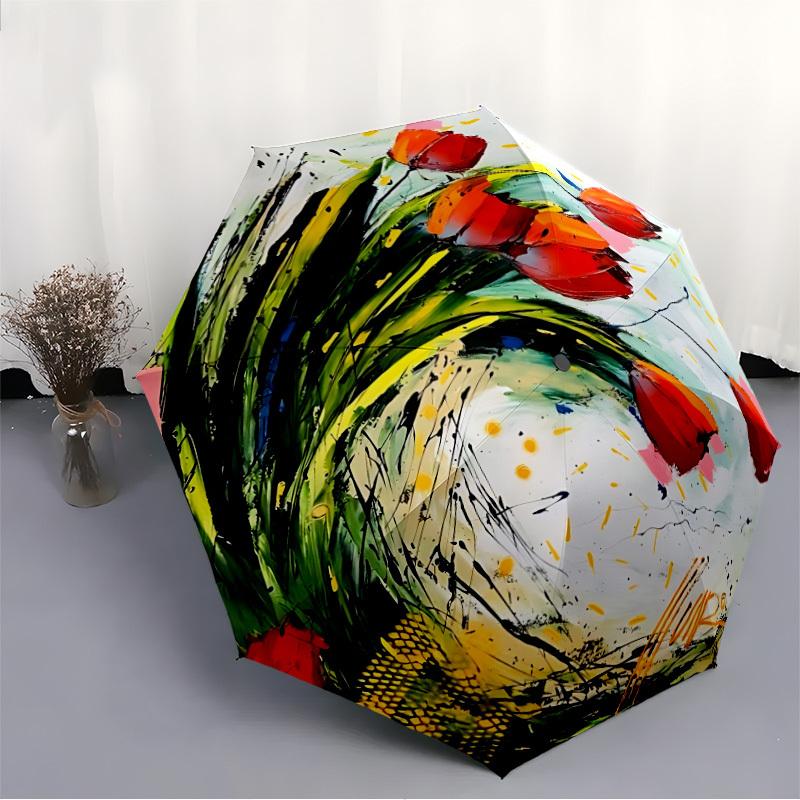 1pc Floral Abstract Automatic Folding Umbrella, Sturdy And Durable Automatic Folding Umbrella with 8 Ribs, Convenient for Outdoor Use194