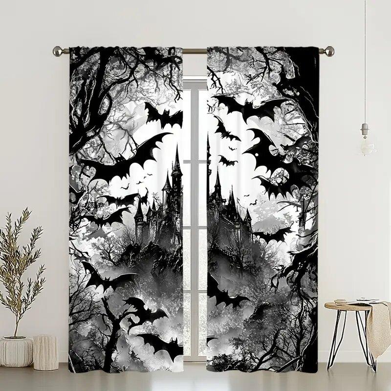 Set Of 2 Halloween Castle Style Patterned Printed Curtains Window Decorations Home Room Curtain Polyester
