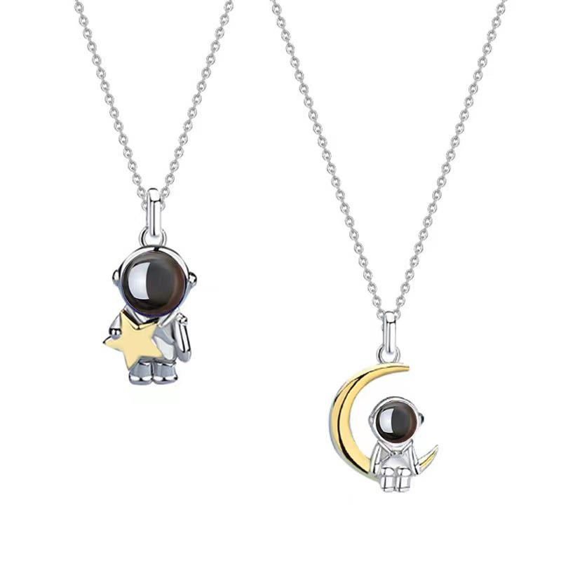 S925 Sterling Silver Astronaut & Star Moon Pendant Necklace - Trendy Japanese Korean Style for Women