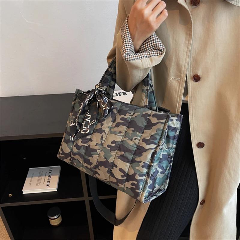 Elegant Women's Totes Bags with Silk Scarf Accent Winter Quilted Crossbody Bags for Women Casual Solid Color Padded Shoulder Bag