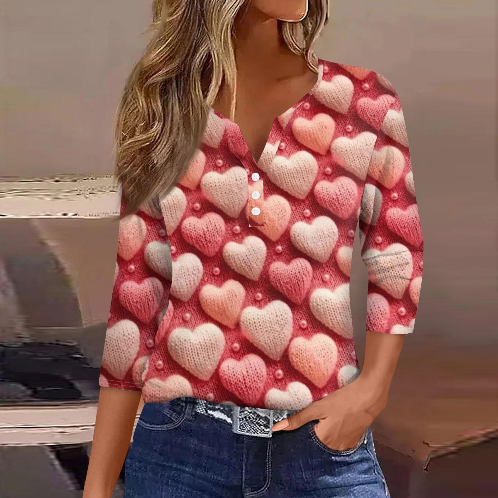 

Женская повседневная футболка с пуговицами, V-образным вырезом, семью рукавами и принтом ко Дню святого Валентина XL арбуз красный