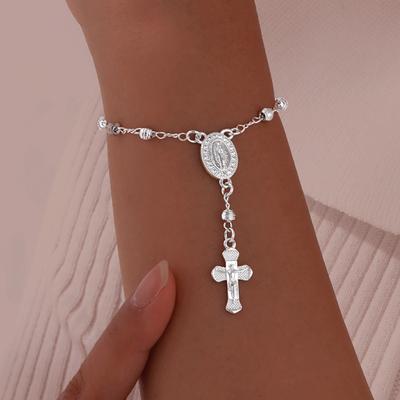Women's Sparkling Rosary Bracelet with Cross Pendant Virgin Mary Catholicism Jewelry Christ Faith Accessory