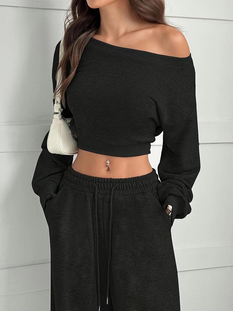 Women's Slim Fit One-Shoulder Crop Top and Casual Pants Set