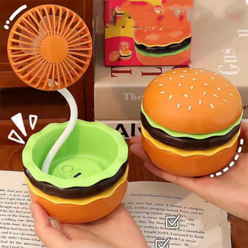 Rechargeable Hamburger Mini Fan, Creative Cute Toy Fan with Mirror, 3-Speed Mode, Small Gift for Family and Friends in Summer.