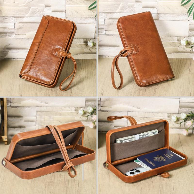 Vollnarbiges Lammleder Baumwolle Damen Tasche mit Handgelenkschlaufe Metallscharnier Modische Echte Leder Handtasche Geldbörse