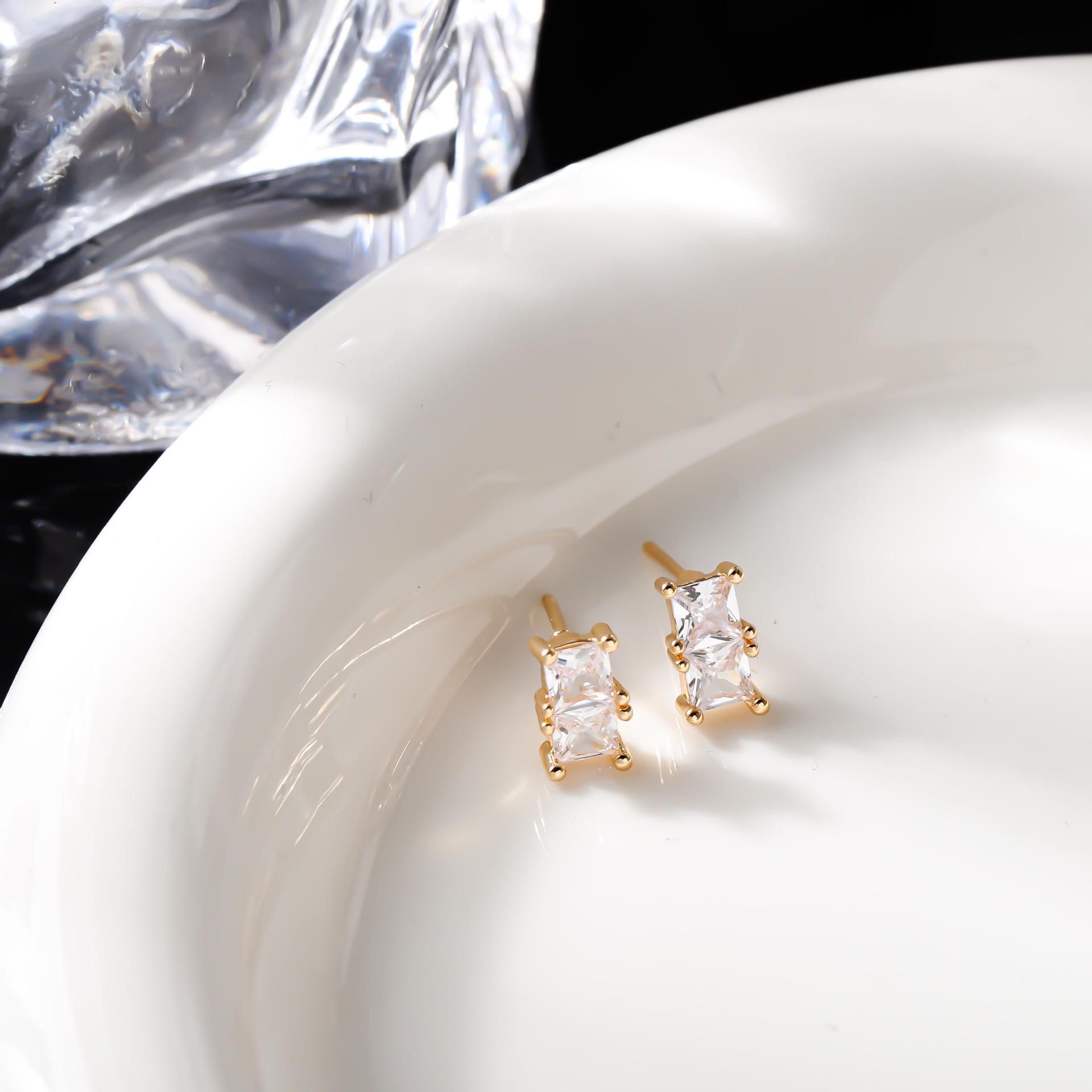 European Style Four-Prong Zircon Square Stud Earrings for Women - Classic Double Diamond Korean Ins Jewelry