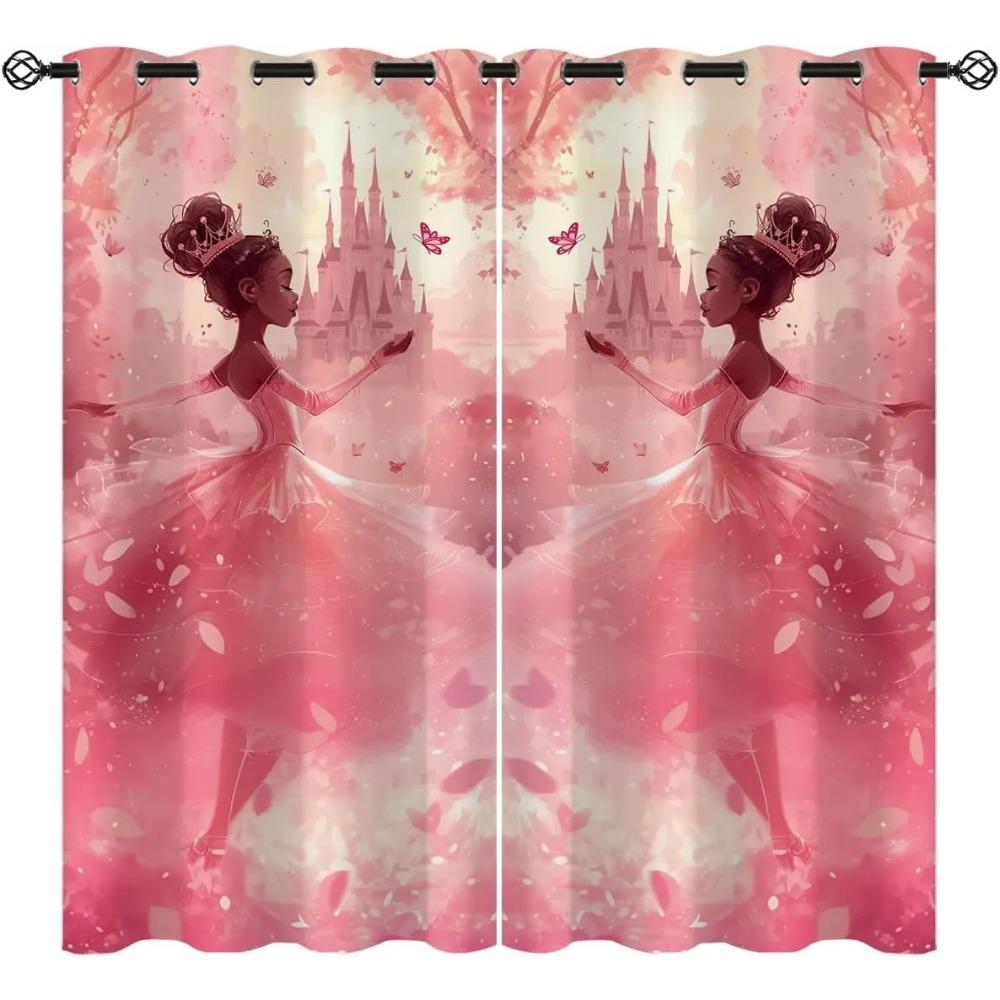 2 Panel Princess Crown Pink Curtain for Girls Bedroom Powder Room Window Grommet Top Cortinas Glowing Print Cortinas Blinds