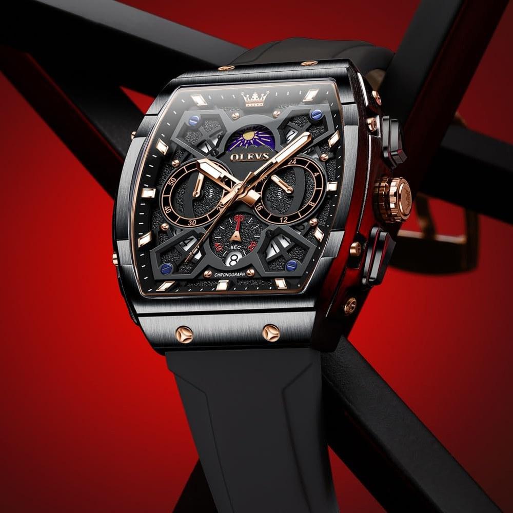 OLEVS Men's Quartz Sports Watch Black Silica Gel Band Waterproof Chronograph Black Dial Silicone