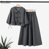 ZANZEA Women Summer Round Neck Long Sleeve Tie Blouse A-Line Skirt Sets