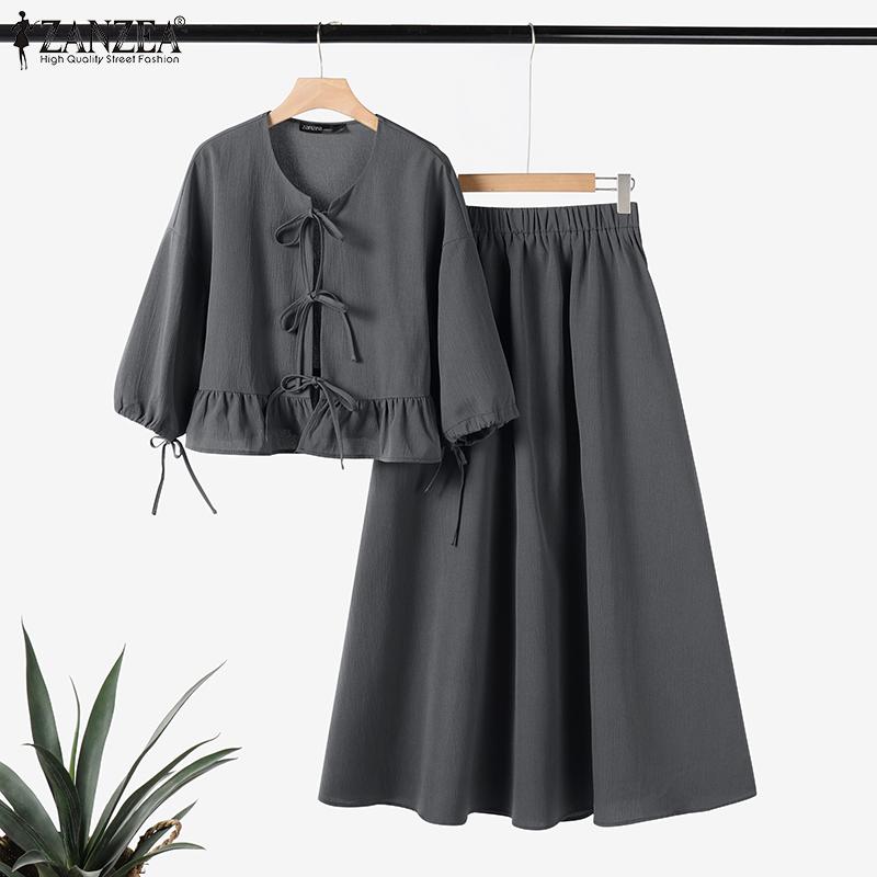 ZANZEA Women Summer Round Neck Long Sleeve Tie Blouse A-Line Skirt Sets