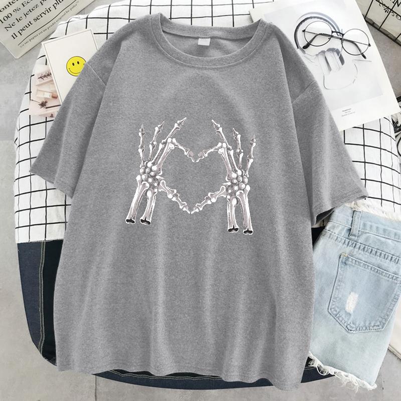 Skelettfinger Vergleichen Mit Dem Herz-Print Damen T-Shirt Street Casual T-Shirt Übergroße Weiche T-Shirts Baumwolle Atmungsaktive T-Shirts