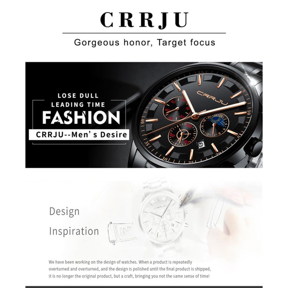CRRJU Nové pánské sportovní hodinky s ocelovým páskem Móda Business Šestipinový multifunkční chronograf