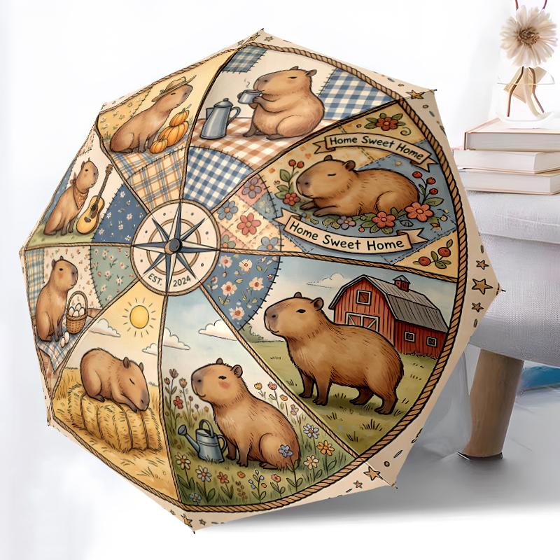 

1pc Sturdy 8-Bone Auto Umbrella, Beige Nautical Capybaras Umbrella, Digital Printed, Foldable Umbrella for On-the-Go Outdoor Use