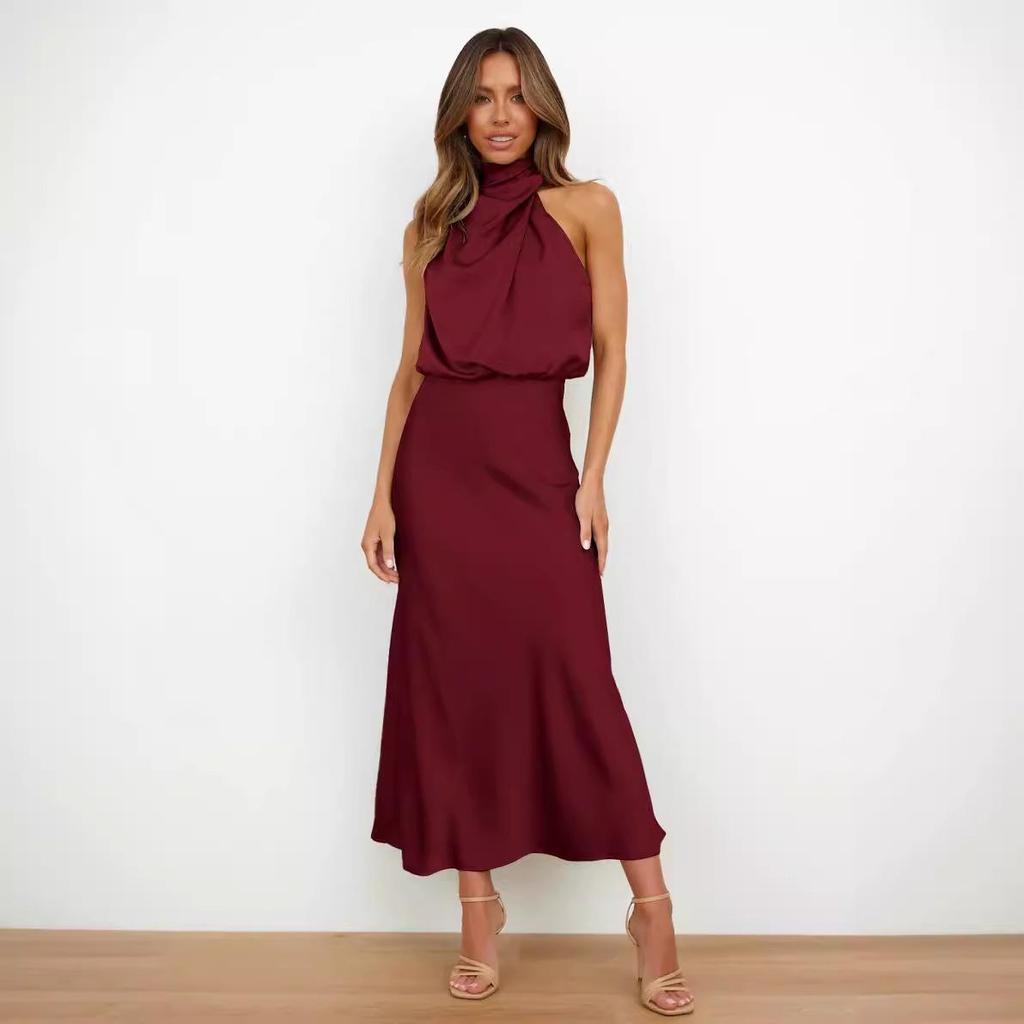 2024 Spring/Summer Elegant Satin Sleeveless Dress: Stylish High-End Solid Color Evening Wear