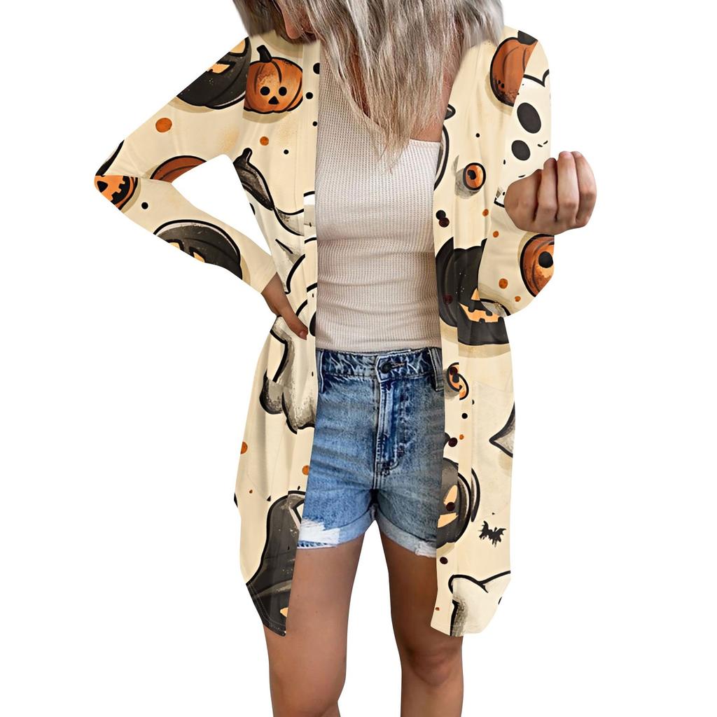 Women's Casual Cardigan Halloween Printed Long Sleeve Top With Pockets