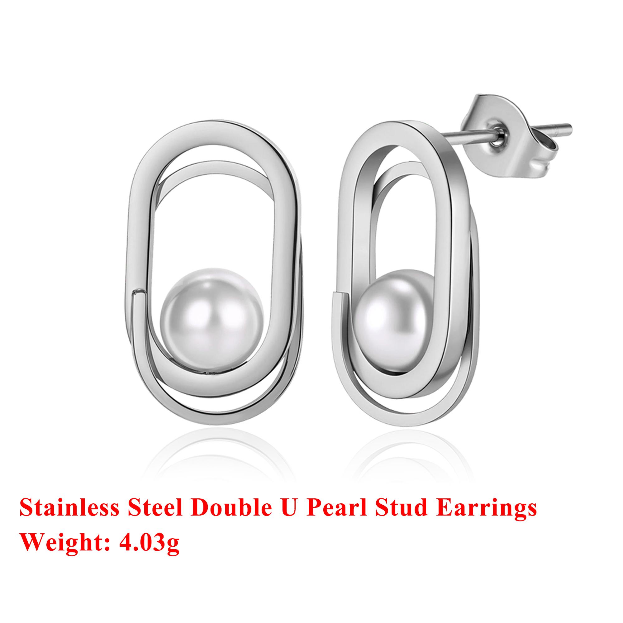 

Effie Queen Stainless Steel 18k Gold Double U Style Pearl Stud Earrings Geometric Jewelry for Women Wedding Party Gift STPE07 серебряный