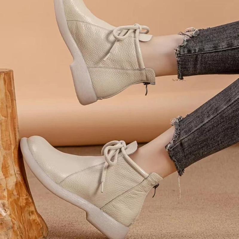 Prawdziwa Skóra Wygodne Płaskie Krótkie Botki Miękka Powierzchnia Miękka Podeszwa Wygodne Wszechstronne Damskie Skórzane Botki Skóra Bydlęca Antypoślizgowe Botki 35-41