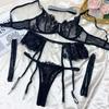 European and American sex underwear ultra-thin perspective embroidered lace bra with drill collar garter belt T-pants five-piece set