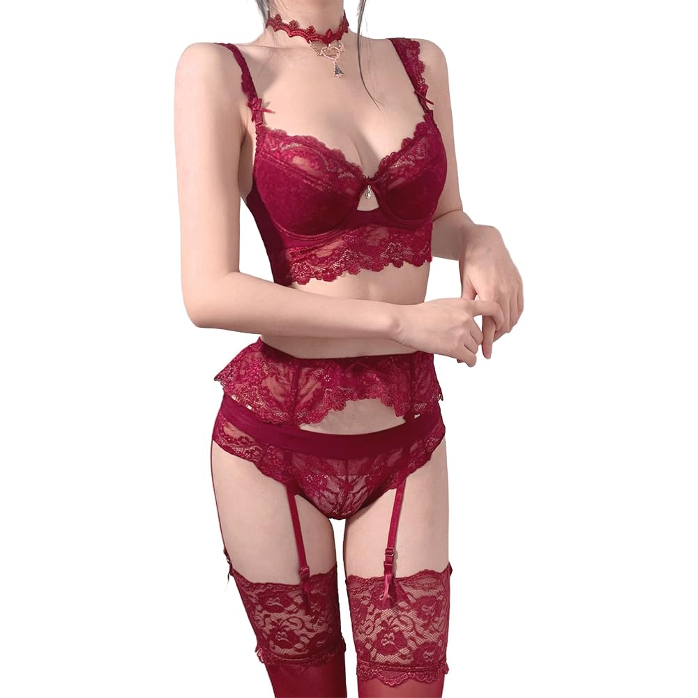 code lingerie sexy garter temptation set [Sexy 1701] Women's 4-piece set, bra, shorts, belt, stockings, (SV399-75D-Red)