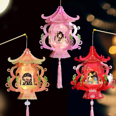 Handmade Chinese Traditional Lantern Kit Handcrafted Handheld 3D Hollow Chinese Palace Lantern with Lotus Tassel for Spring Festival Decoration