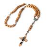Cross Rosary Necklace with Handmade Knotted 9x10 Wooden Beads in Coffee Color