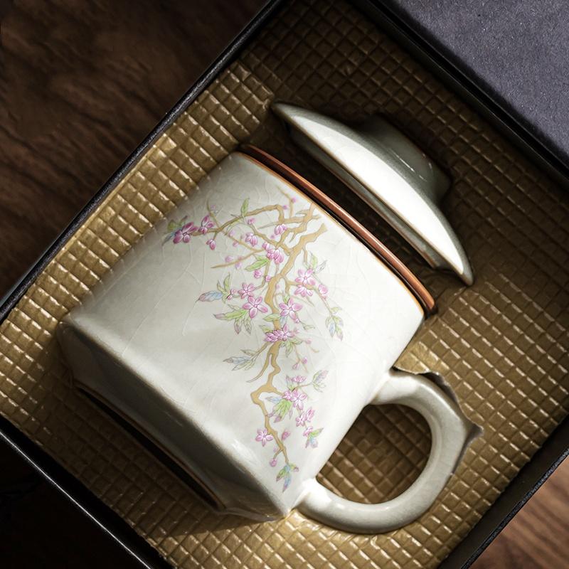 Beige Ru Kiln Blossom Ceramic Tea Cup Tea Separation Office Meeting Water Cup Kung Fu Tea Set Personal Tea Cup