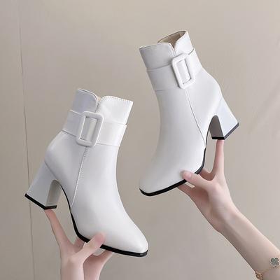 Botine albe pentru femei, groase, cu toc inalt, varf rotund, pantofi scurti eleganti, pantofi de dama cu catarama, decoratiuni, pompe Botas Femininas