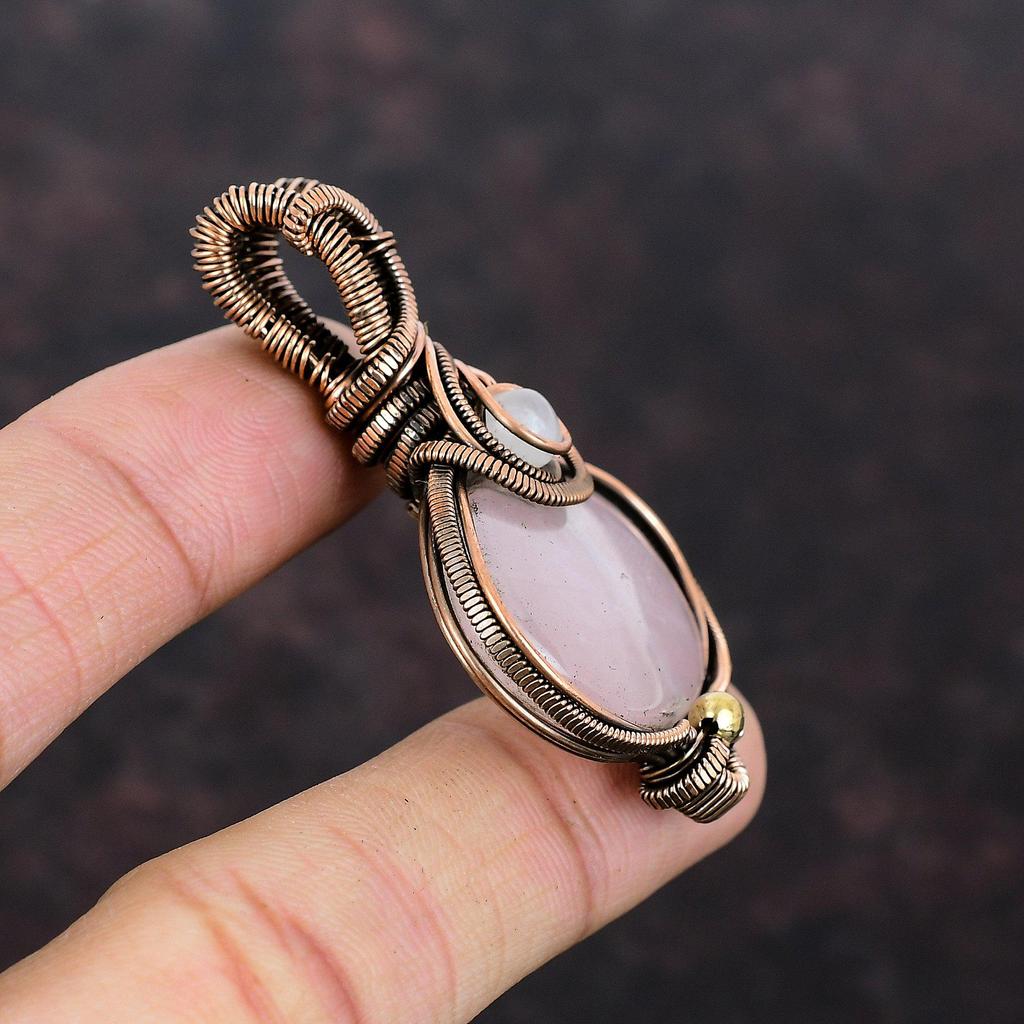 Rose Quartz Pendant Copper Wire Wrapped Pendant Moonstone Gemstone Pendant Wire Wrap Jewelry For Gift Unique Copper Jewelry Handmade Pendant