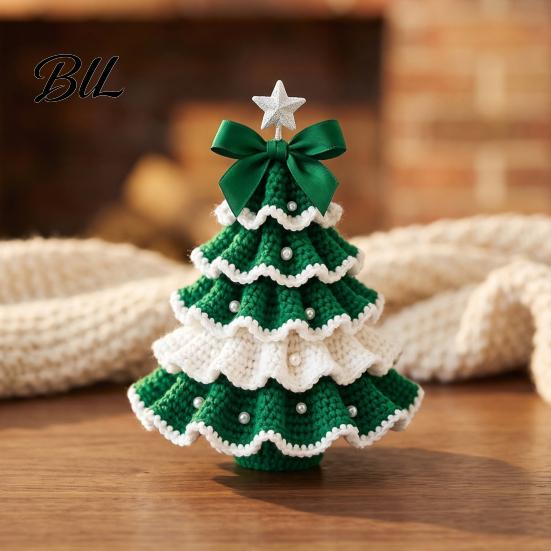 Decorative Yarn Tree for Bookshelves DIY Crochet Christmas Kit, Beginner-Friendly Xmas Craft Kit with Bow Table Ornament And Faux Pearl Embellishment,