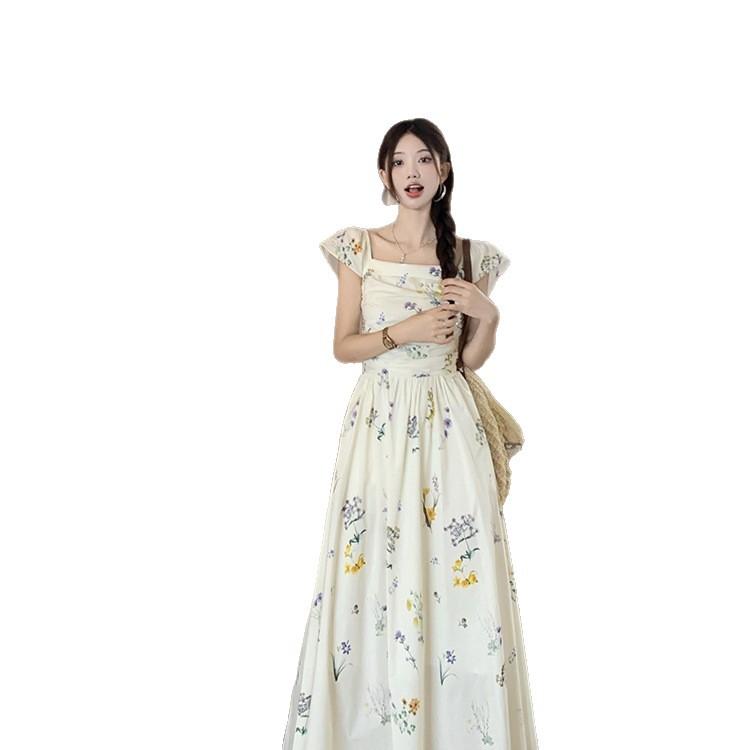 Xiaofei sleeve square neck floral dress children's summer 2026 new seaside vacation coffee break French temperament long dress