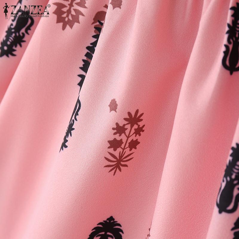 ZANZEA Women Summer Lace Splice Square Collar Short Sleeve Print Blouse