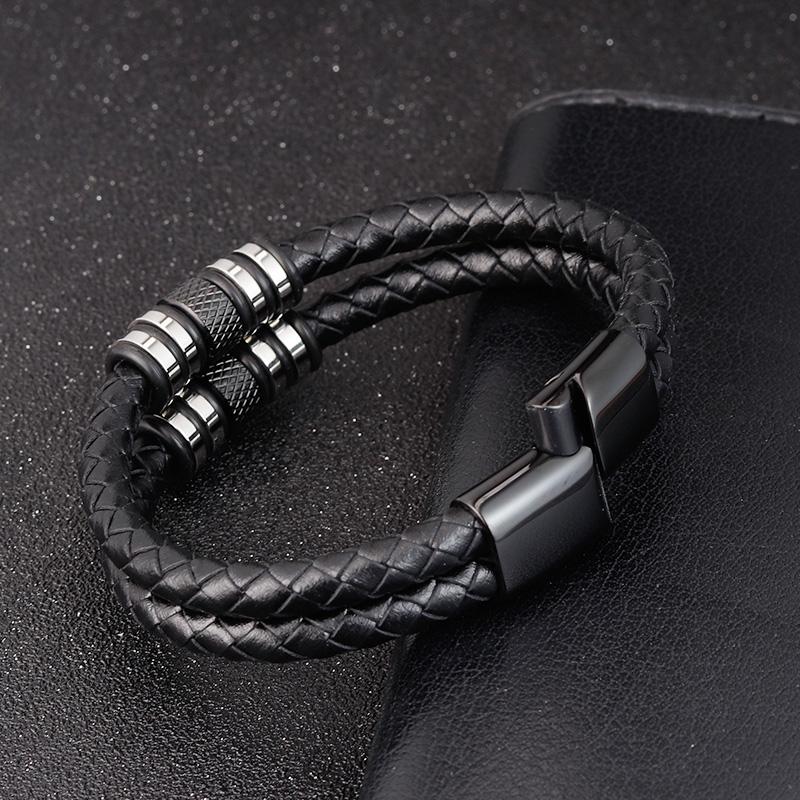 Stainless Steel Accessories Multi-layer Hip Hop Rock Style Black Color Men's Leather Bracelet New Year Gift