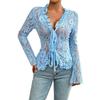 Womens Sexy Open Front Tie Long Sleeve Ruffle Trim Sheer Lace Crop Tops Blouse