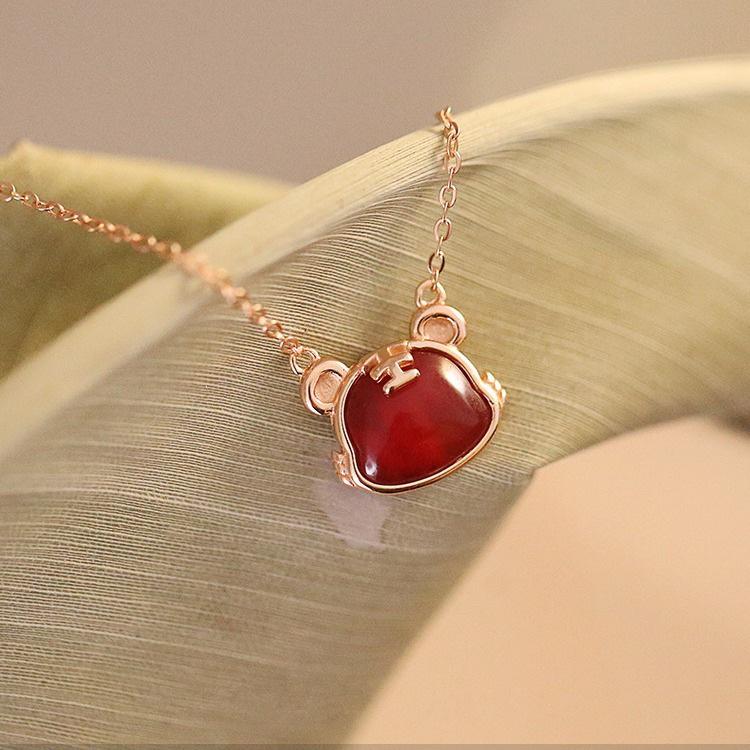 Women's Little Tiger Clavicle Necklace with Red Agate Zodiac Pendant - Year of the Tiger Gift
