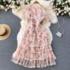 Summer Runway Gorgeous Flower Print Party Dress Women Holiday Flare Sleeve V Neck Beading Cascading Ruffles Mesh Lace Trims Cake Dresses