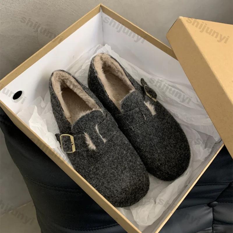 Fashion Winter Retro Thicken Plush Warm Shoes Women New Faux Suede Warm Cotton Single Shoes Woman Thick Sole Non Slip Cotton Padded Shoe