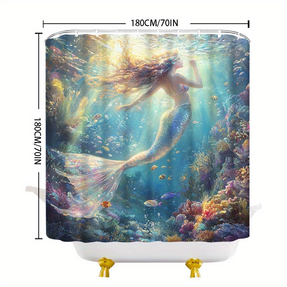 Mermaid Shower Curtain Golden Hair Iridescent Tail Underwater Reef Design Polyester Machine Washable With 12 Hooks