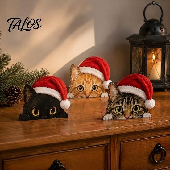 Holiday Table Decoration Cute Cat Shelf Sitter, Wooden Christmas Hat Peeking Desk Figurine, Funny Animal Centerpiece Sign, Lover Gift for Home Office