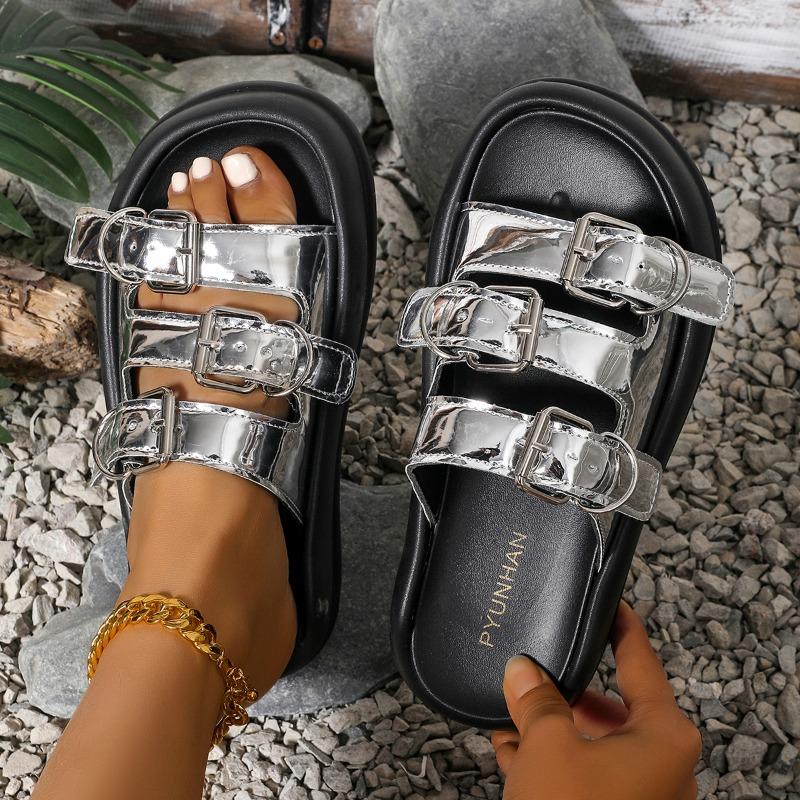 Mode Damen Dicke Sohle Runde Zehe Offene Zehe Schnürung Schnalle 2025 Neue Mode Einfarbig Lässige Hausschuhe Designer Sandalen