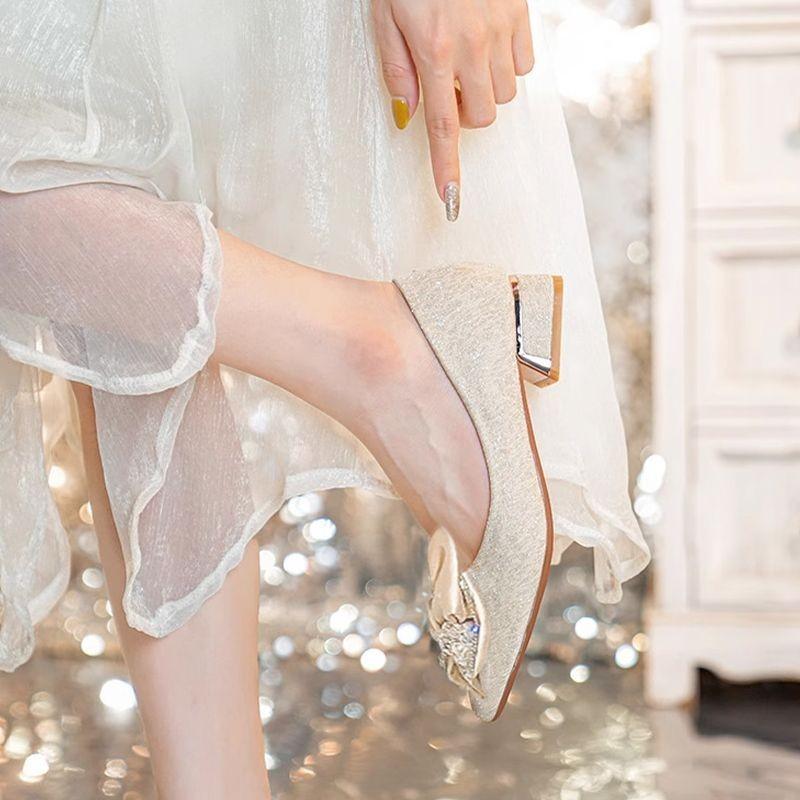 Fashion French-style Single-shoe Women's Thick-heeled Bow Pointed-toe Bridesmaid Shoes, Rhinestone Elegant Wedding Shoes