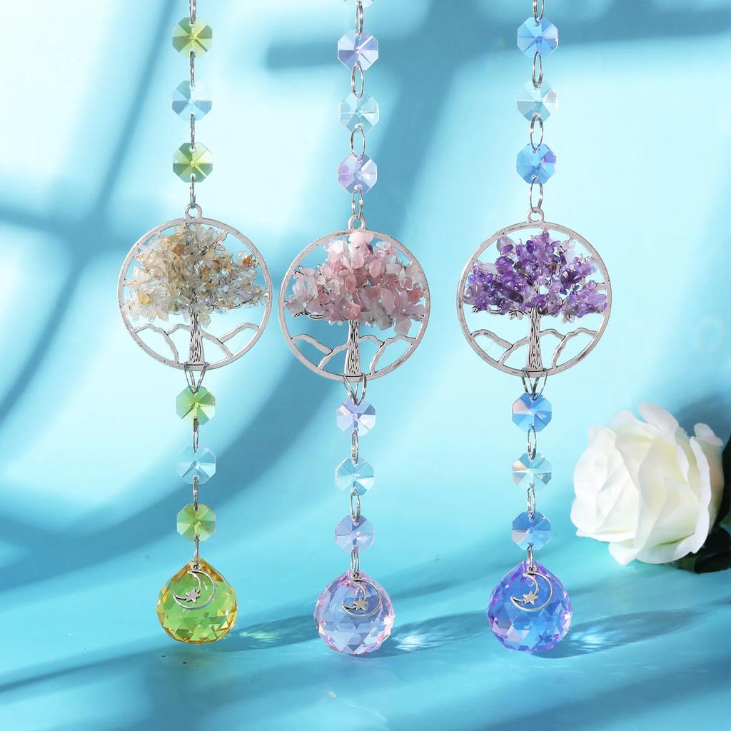 Tree of Life Crystal Suncatcher Hanging Catcher Pendants Wind Chimes Rainbow Prism Window Drop Bell Christmas Tree Home Decor