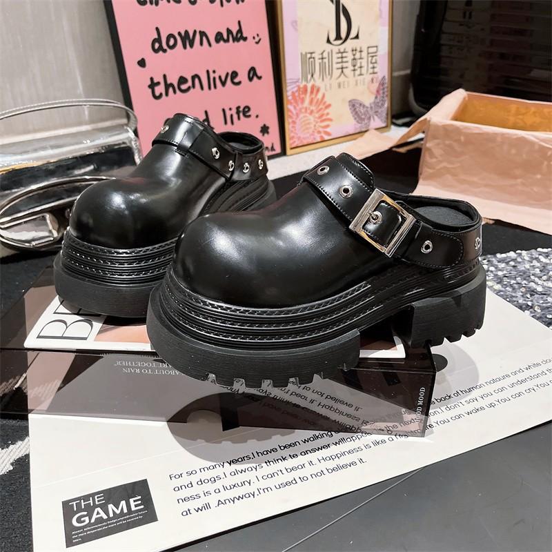 2025 Spring Baotou Half Slippers Women's New Muffin Heightened Thick Sole Outer Wear Retro Belt Buckle Slippers
