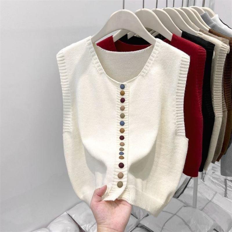Premium Gray Knitted Waistcoat Women Spring Chic Rainbow Button Vest Cardigan Sweater