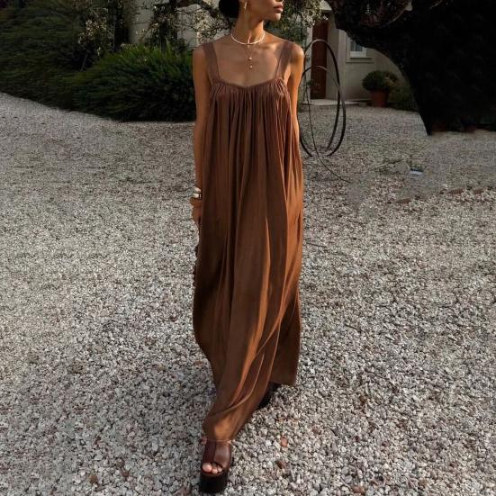 Women Summer Dress Sleeveless Spaghetti Strap Pleated Maxi Dress Beach Vacation Loose Flowy Sundress