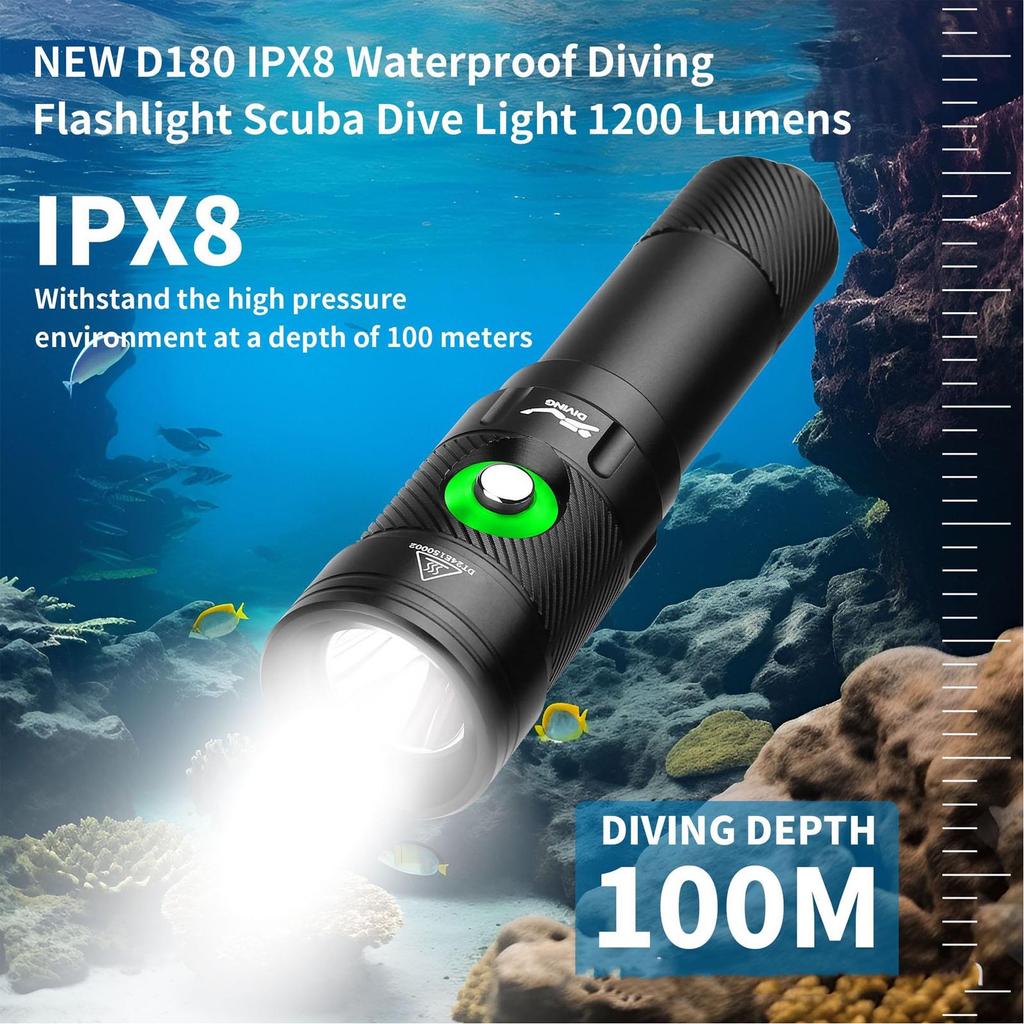 1200LM Dive Light Dive Torch 5 Mode Underwater Light IPX8 Water Proof Flashlight with Power Indicator for Camping Swimming Hiking