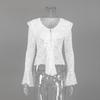 Womens White Lace Blouse With Ruffled Trim Bell Sleeves Slim Fit Office Wear 2025