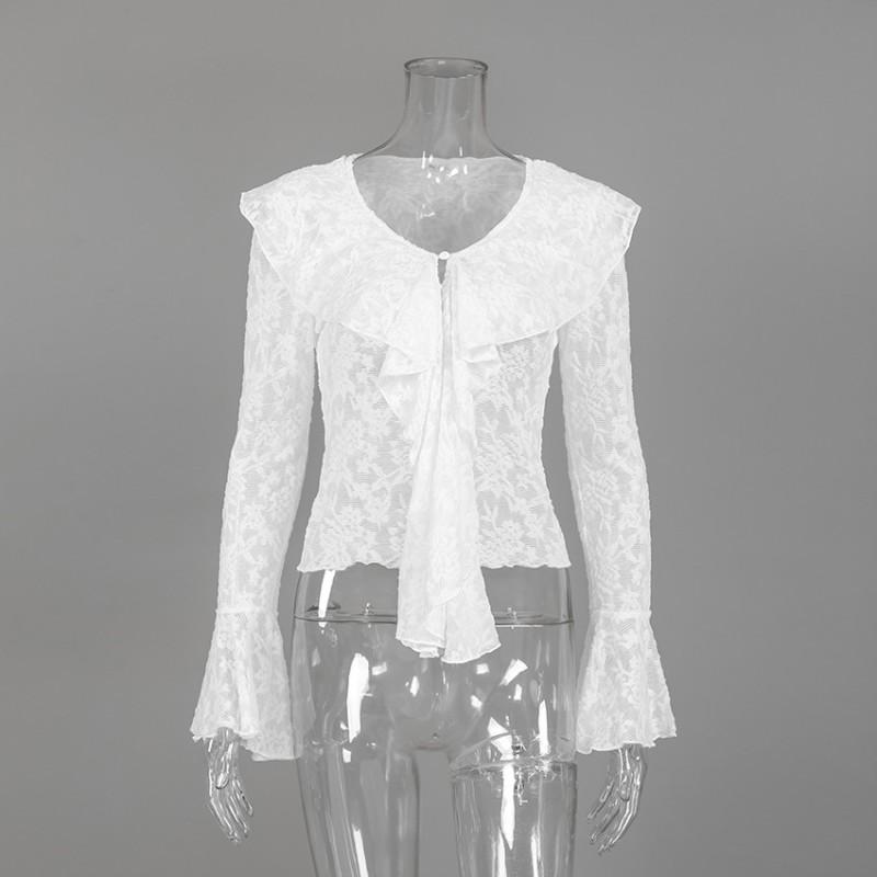 Womens White Lace Blouse With Ruffled Trim Bell Sleeves Slim Fit Office Wear 2025
