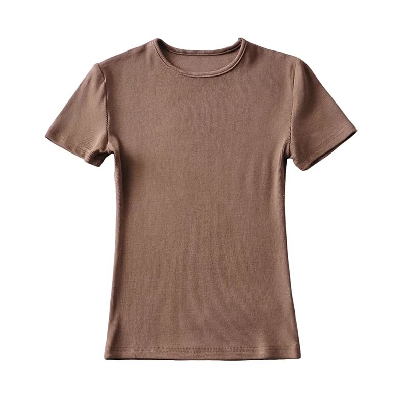 

Silm Small round Neck Short Sleeve Fashion Stretch T-shirt High Waist Sexy Sports Style Minimalist Solid Color Thread Push-up Tops Deep Khaki S